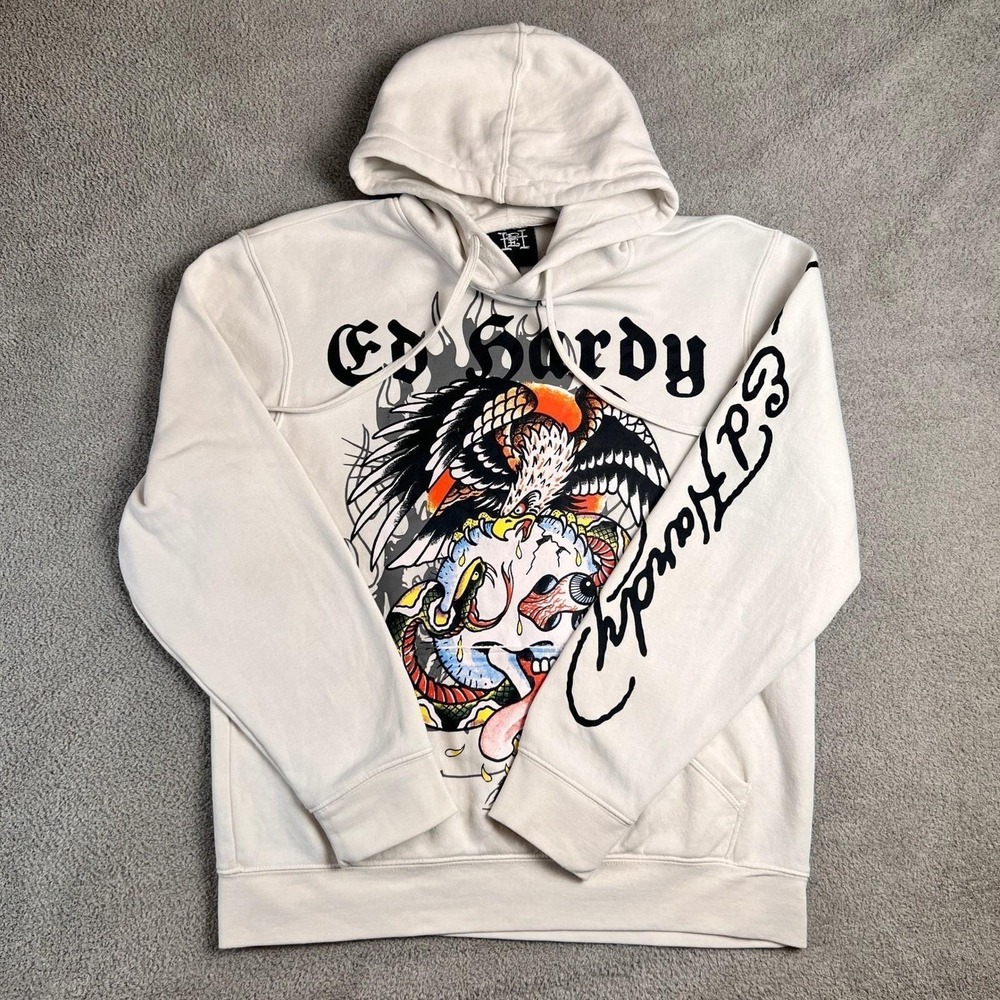 Ed Hardy Mens Hoodie Medium White‎ Eagle Skull Snake Flames